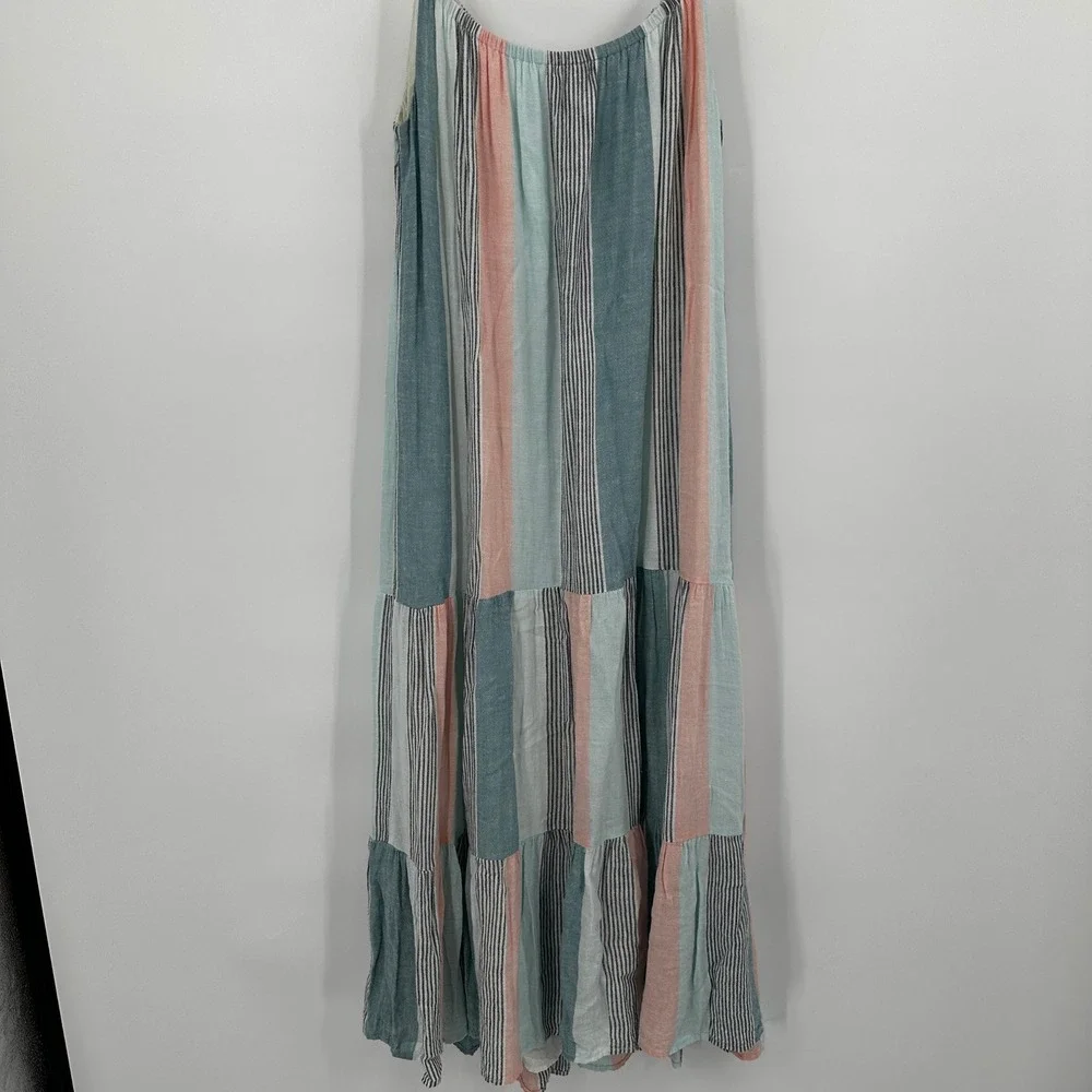 Rails Adora Highland Stripe Tiered Linen Blend Maxi Dress Medium Coral Teal Boho - Picture 8 of 11